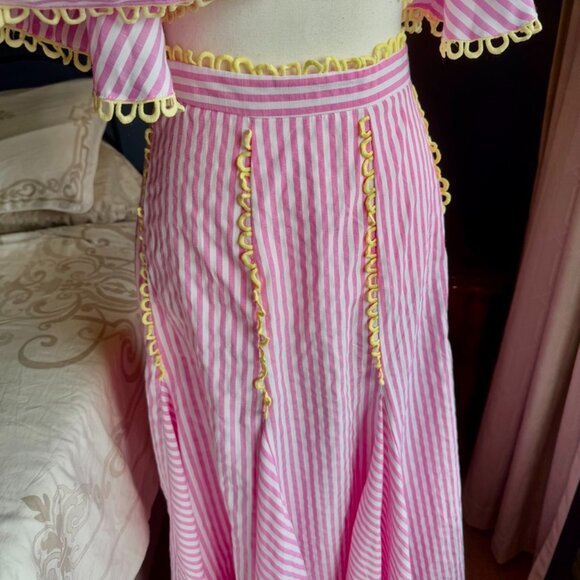 Pink and White Striped w Yellow Trim Flounce Tie Top and Maxi Skirt Set - Picture 6 of 15